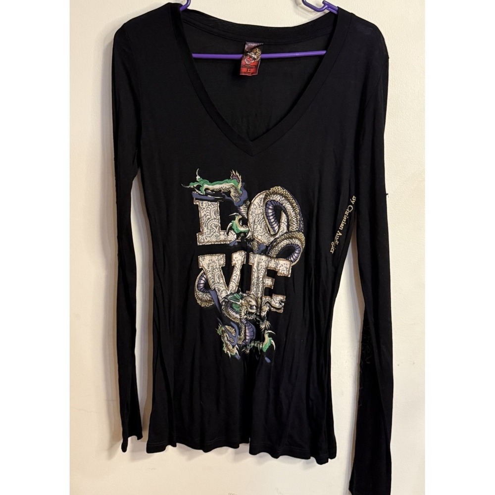 Vintage Ed Hardy By Christian Audigier Y2K Tattoo Logo Made In USA Tee Size L